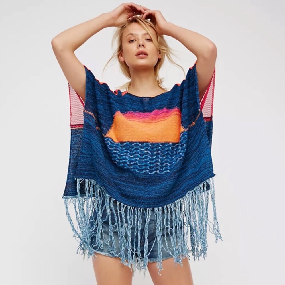 Free People Sunset Fringe Short Sleeve Top